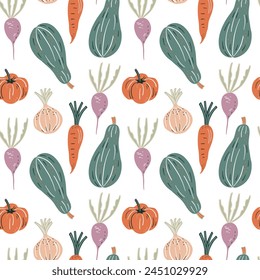 Seamless pattern with hand drawn vegetables. Cute vector illustration.