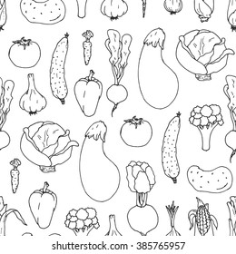 Seamless pattern of hand drawn vegetables. On a white background, without filling