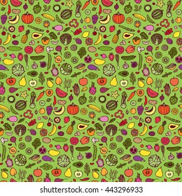 Seamless pattern with hand drawn vegetables and fruits elements on green background