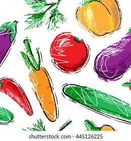 Seamless pattern with hand drawn vegetables.  Carrot, cucumber, tomato, paprika, pepper, eggplant, dill