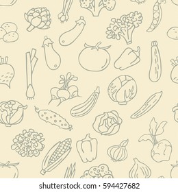 Seamless pattern with hand drawn vegetables. Perfect organic food pattern in line style, can use for wrapping paper, bio products wallpaper, organic background