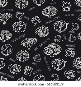 Seamless pattern with hand drawn vegetables. Perfect organic food pattern in line style with hand drawn lettering, can use for wrapping paper, bio-products wallpaper, organic background