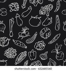 Seamless pattern with hand drawn vegetables. Perfect organic food pattern in line style, can use for wrapping paper, bio products wallpaper, organic background