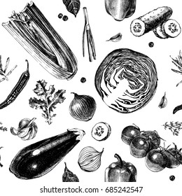 Seamless pattern with hand drawn vegetables in vintage style. Vector illustration
