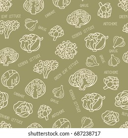 Seamless pattern with hand drawn vegetables. Perfect organic food pattern in line style with hand drawn lettering can use for wrapping paper, bioproducts wallpaper, organic background