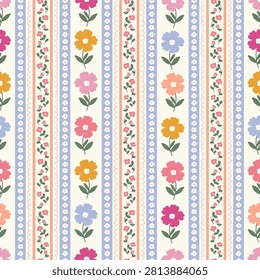 Seamless pattern with hand drawn vertical floral stripes, delicate flower garlands, and abstract elements on a cream background.