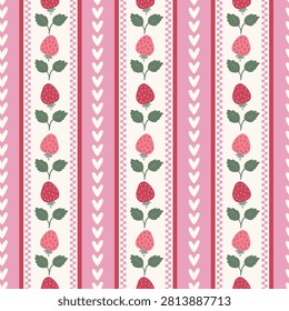 Seamless pattern with hand drawn vertical stripes of strawberries, pink checkers, and white hearts. Trendy stripes cottage shabby chic style for fabric, decor, textiles, fashion, stationery.