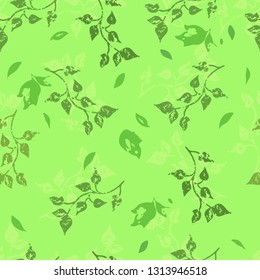 Seamless pattern with hand drawn vintage green leaves in retro style on the light green background. Vector. Use: textile, wrapping paper, web, decoupage, wallpaper