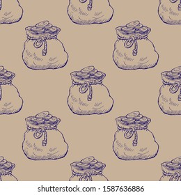 Seamless pattern of hand drawn vintage bag full of golden coins.Vector stock texture  background