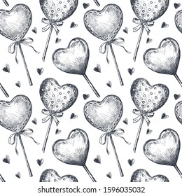 Seamless pattern with hand drawn vintage valentine and wedding day elements in sketch style. Set of hearts heart on sticks. Black and white holiday endless background