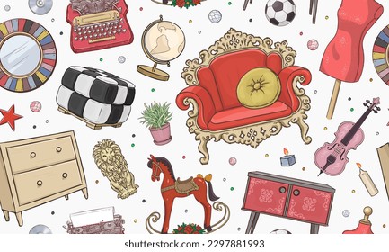 Seamless pattern with hand drawn vintage furniture and interior design elements. Garage promotional sale horizontal repeat background. Vector illustration