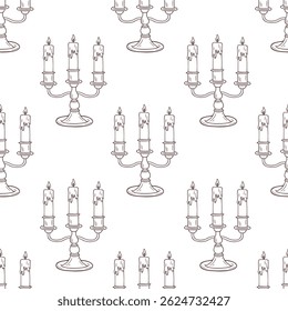 Padrão contínuo com candelabro vintage desenhado à mão com velas acesas. Ilustração do esboço.