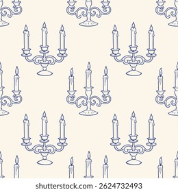 Padrão contínuo com candelabro vintage desenhado à mão com velas acesas. Ilustração do esboço.