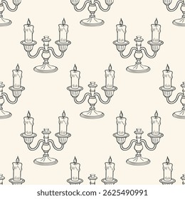 Padrão contínuo com candelabro vintage desenhado à mão com velas acesas. Ilustração do esboço, plano de fundo.