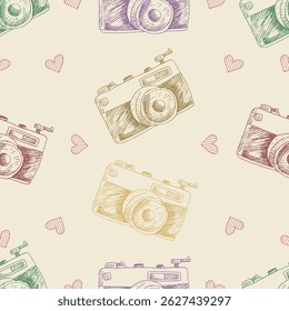Seamless pattern with hand drawn vintage camera. Vector illustration.