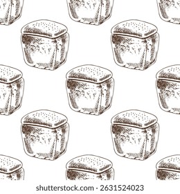 Seamless pattern with hand drawn vintage sketch of classic square bread loaf in brown ink. Engraving style illustration for bakery branding, packaging design, kitchen decor and culinary-themed prints.