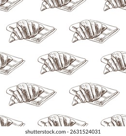 Seamless pattern with hand drawn vintage sketch of croissant placed on folded newspaper in brown ink. Engraving style illustration for bakery packaging, breakfast branding, cafe decor.