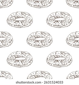 Patrón sin fisuras con boceto vintage dibujado a mano de anillos de pan turco simit con sésamo en tinta marrón. Estilo de grabado clásico ideal para el embalaje de panadería, marca de cocina étnica y diseño de cocina.