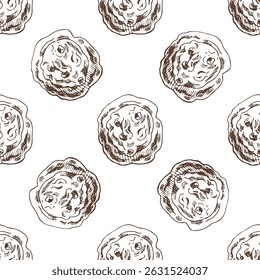 Seamless pattern with hand drawn vintage sketch of chocolate chip cookies in brown ink. Engraving style illustration for bakery branding, dessert packaging, textile prints and cafe design.