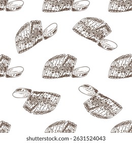 Seamless pattern with hand drawn vintage sketch of sliced bread loaf in brown ink. Engraving style illustration ideal for bakery packaging, food branding, kitchen textile prints and culinary designs.