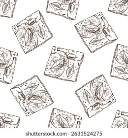 Padrão sem costura com desenho à mão esboço vintage de quadrados de pão focaccia coberto com azeitonas e ervas em tinta marrom. Ilustração de estilo de gravura para embalagem de padaria, marca de cozinha mediterrânea