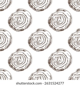 Seamless pattern with hand drawn vintage sketch of cinnamon rolls topped with icing in brown ink. Classic engraving style for bakery packaging, dessert branding, kitchen decor and textile design.