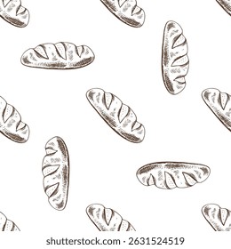 Seamless pattern with hand drawn vintage sketch of classic bread loaf in brown ink. Engraving style illustration perfect for bakery branding, food packaging, kitchen decor and textile design.