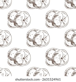 Padrão contínuo com desenho à mão esboço vintage de rolos de pão rústico em tinta marrom. Ilustração em estilo de gravação monocromática, ideal para embalagens de panificação, papel de embalagem de alimentos e design têxtil.