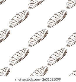 Seamless pattern with hand drawn vintage sketch of french baguette in brown ink. Classic engraving style illustration perfect for bakery branding, food packaging, kitchen decor and textile design.