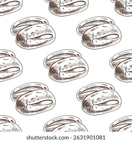 Seamless pattern with hand drawn vintage sketch of oval sandwich rolls in brown ink. Classic engraving style illustration for bakery packaging, food branding, culinary decoration and kitchen prints.