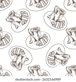 Seamless pattern with hand drawn vintage sketch of coffee cup and croissant on saucer in brown ink. Engraving style ideal for breakfast branding, cafe decor and kitchen-themed textile prints.