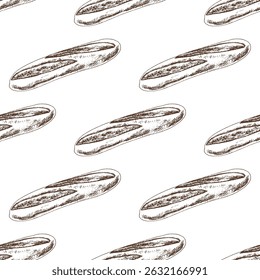 Seamless pattern with hand drawn vintage sketch of classic french baguette in brown ink. Engraving style ideal for bakery packaging, culinary branding, kitchen decor and rustic textile prints.