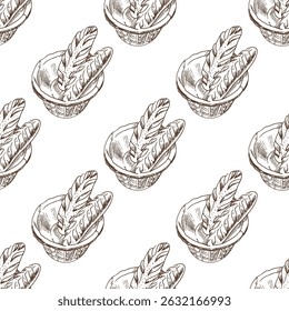 Seamless pattern with hand drawn vintage sketch of wicker basket filled with baguettes in brown ink. Engraving style ideal for bakery branding, packaging, kitchen decor and food-themed textile prints.