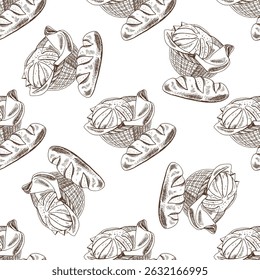 Seamless pattern with hand drawn vintage sketch of classic bread loaf and round bun in wicker basket. Engraving style for bakery packaging, culinary branding and kitchen textile prints.