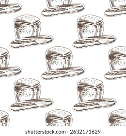 Seamless pattern with hand drawn vintage sketch of sandwich loaf and baguette in brown ink. Engraving style illustration for bakery packaging, food branding, kitchen decor and rustic textile prints