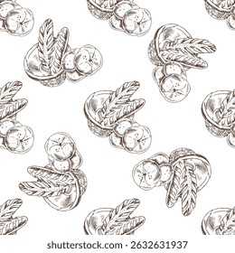 Seamless pattern with hand drawn vintage sketch of baguettes and round buns in basket. Engraving style in brown ink, ideal for bakery packaging, kitchen textile and rustic branding.
