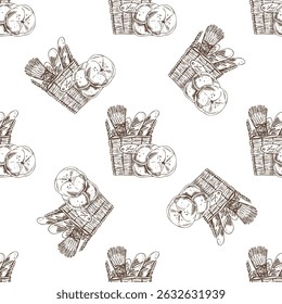 Seamless pattern with hand drawn vintage sketch of bread basket filled with baguettes, round buns and wheat. Engraving style for bakery branding, packaging and rustic kitchen decor.