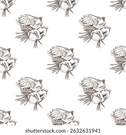 Seamless pattern with hand drawn vintage sketch of bakery bread in wicker basket and wheat ears. Engraving style for bakery packaging, rustic kitchen prints and organic food branding.