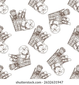 Seamless pattern with hand drawn vintage sketch of bread basket filled with baguettes, round buns and wheat. Engraving style for bakery branding, packaging and rustic kitchen decor.