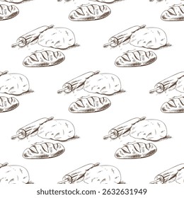 Seamless pattern with hand drawn vintage sketch of bread loaf, raw dough and rolling pin in brown ink. Engraving style illustration for bakery branding, packaging, and rustic culinary-themed decor.

