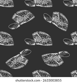 Seamless pattern with hand drawn vintage sketch of sliced bread loaf on chalkboard background. Engraving style illustration ideal for bakery packaging, food branding, kitchen textile prints.