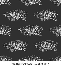 Seamless pattern with hand drawn vintage sketch of croissant placed on folded newspaper on chalkboard background. Engraving style illustration for bakery packaging, breakfast branding, cafe decor.