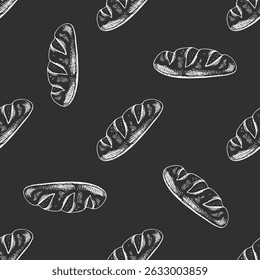 Seamless pattern with hand drawn vintage sketch of classic bread loaf on chalkboard background. Engraving style illustration perfect for bakery branding, food packaging, kitchen decor and design.