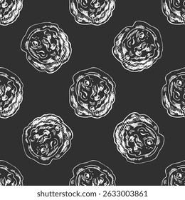 Seamless pattern with hand drawn vintage sketch of chocolate chip cookies on chalkboard background. Engraving style illustration for bakery branding, dessert packaging, textile prints and cafe design.