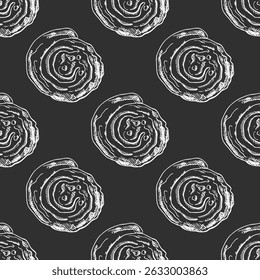 Seamless pattern with hand drawn vintage sketch of cinnamon rolls topped with icing on chalkboard background. Classic engraving style for bakery packaging, dessert branding, kitchen decor and design.