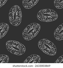 Padrão perfeito com desenho à mão esboço vintage de bagels de sésamo no fundo de quadro-negro. Estilo de gravação clássico ideal para a marca de padaria, embalagem de alimentos, design têxtil e com tema de cozinha.