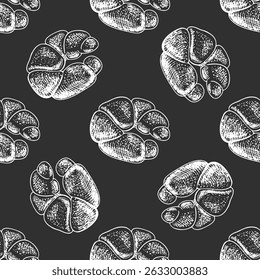 Seamless pattern with hand drawn vintage sketch of cloverleaf-style dinner rolls  on chalkboard background. Engraving style illustration perfect for bakery branding, food packaging, holiday decor.