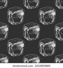 Seamless pattern with hand drawn vintage sketch of classic square bread loaf on chalkboard background. Engraving style illustration for bakery branding, packaging design, kitchen decor.