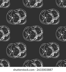 Seamless pattern with hand drawn vintage sketch of rustic bread rolls on chalkboard background. Monochrome engraving style illustration, ideal for bakery packaging, food wrapping paper and design.