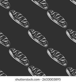 Seamless pattern with hand drawn vintage sketch of french baguette on chalkboard background. Classic engraving style illustration perfect for bakery branding, food packaging, kitchen decor.